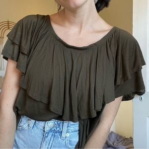 Free People Beach Ruffle Off The Shoulder Top Brown Green XS